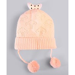 Babyhug Woollen Knitted Caps with Applique & Pom Pom - Orange