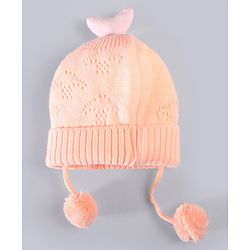 Babyhug Woollen Knitted Caps with Applique & Pom Pom - Orange