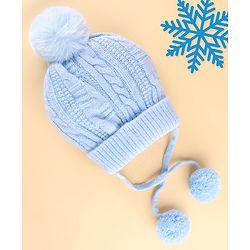 Babyhug Woollen Tie Knot Cap with Pom Pom - Blue