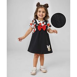 Babyhug Disney Single Jersey Knit Half Sleeves T-Shirt & Denim Frock Set with Minnie Mouse Graphic - White & Black