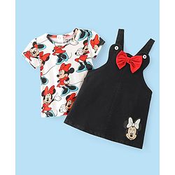 Babyhug Disney Single Jersey Knit Half Sleeves T-Shirt & Denim Frock Set with Minnie Mouse Graphic - White & Black