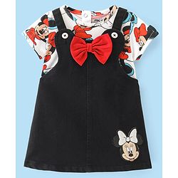 Babyhug Disney Single Jersey Knit Half Sleeves T-Shirt & Denim Frock Set with Minnie Mouse Graphic - White & Black