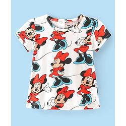 Babyhug Disney Single Jersey Knit Half Sleeves T-Shirt & Denim Frock Set with Minnie Mouse Graphic - White & Black