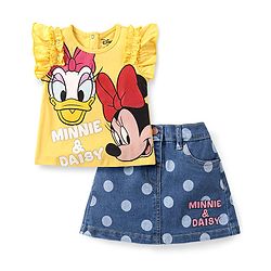 Babyhug Disney Single Jersey Knit Frill Sleeves Top & Denim Skirt Set With Minnie Mouse & Friends Graphics - Yellow
