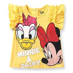 Babyhug Disney Single Jersey Knit Frill Sleeves Top & Denim Skirt Set With Minnie Mouse & Friends Graphics - Yellow