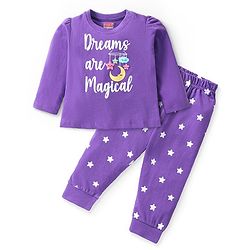 Babyhug Cotton Knit Full Sleeves Night Suit with Star & Text Print - Violet