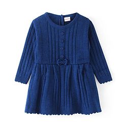 Babyhug Knitted Full Sleeves Winter Dress with Bow Applique - Royal Blue