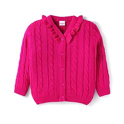 Babyhug Knitted Full Sleeves Front Open Sweater with Cable Knit Design & Frill Detailing - Dark Pink