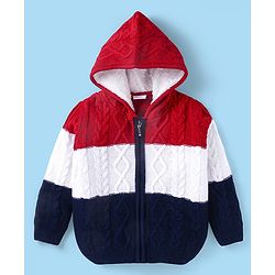 Babyhug Knitted Full Sleeves Front Open Hooded Sweater With Colour Block - Red