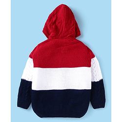 Babyhug Knitted Full Sleeves Front Open Hooded Sweater With Colour Block - Red