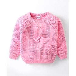 Babyhug Knit Full Sleeves Pullover Sweater with Bow Applique - Light Pink