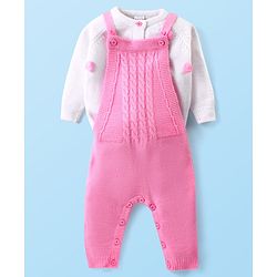 Babyhug Knit Full Sleeves Winter Wear T-Shirt & Dungaree Set with Pom Pom & Cable Knit Detailing - Pink & White