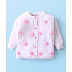 Babyhug Knit Full Sleeves Winter Wear T-Shirt & Dungaree Set with Pom Pom & Cable Knit Detailing - Pink & White