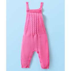 Babyhug Knit Full Sleeves Winter Wear T-Shirt & Dungaree Set with Pom Pom & Cable Knit Detailing - Pink & White