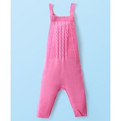 Babyhug Knit Full Sleeves Winter Wear T-Shirt & Dungaree Set with Pom Pom & Cable Knit Detailing - Pink & White