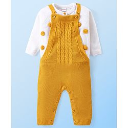 Babyhug Knitted Full Raglan Sleeves T-Shirt with Cable Knit Designed Dungaree - Mustard & White