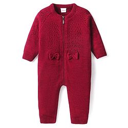 Babyhug Knitted Full Raglan Sleeves  Winter Romper with Bow Applique  - Maroon