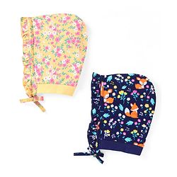 Babyhug 100% Cotton Knit Floral & Fox Printed Caps with Knit Pack of 2  - Navy Blue & Yellow