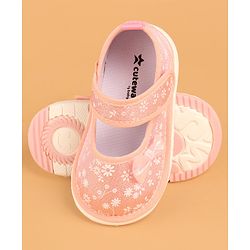 Cute Walk by Babyhug Casual Shoes With Velcro Closure & Bow Applique - Peach (Flower Colour May Vary)
