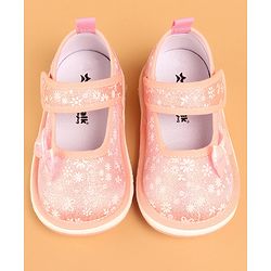 Cute Walk by Babyhug Casual Shoes With Velcro Closure & Bow Applique - Peach (Flower Colour May Vary)