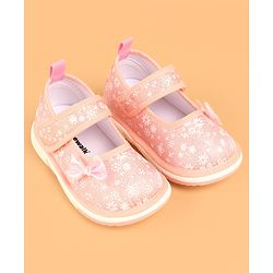 Cute Walk by Babyhug Casual Shoes With Velcro Closure & Bow Applique - Peach (Flower Colour May Vary)