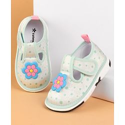 Cute Walk by Babyhug Velcro Closure Casual Shoes With Polka Dot Print & Flower Applique - Green
