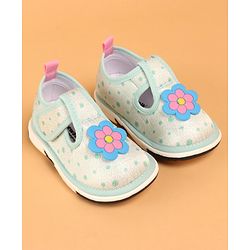 Cute Walk by Babyhug Velcro Closure Casual Shoes With Polka Dot Print & Flower Applique - Green