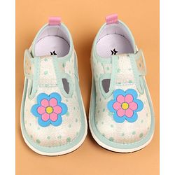 Cute Walk by Babyhug Velcro Closure Casual Shoes With Polka Dot Print & Flower Applique - Green