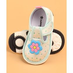 Cute Walk by Babyhug Velcro Closure Casual Shoes With Polka Dot Print & Flower Applique - Green