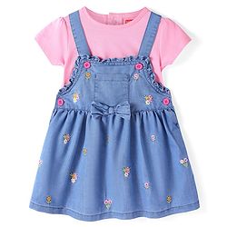 Babyhug Denim Woven Frock With Half Sleeves Inner Tee Floral Embroidery & Bow Applique - Blue