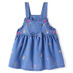 Babyhug Denim Woven Frock With Half Sleeves Inner Tee Floral Embroidery & Bow Applique - Blue