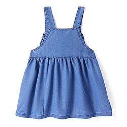 Babyhug Denim Woven Frock With Half Sleeves Inner Tee Floral Embroidery & Bow Applique - Blue
