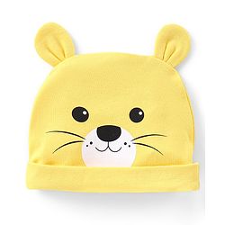 Babyhug Interlock Knit Cap With Bear Print & Applique - Yellow