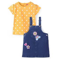 Babyhug Denim Knit Embroidered Frock With Half Sleeves Polka Dots Printed Inner Tee - Navy & Yellow