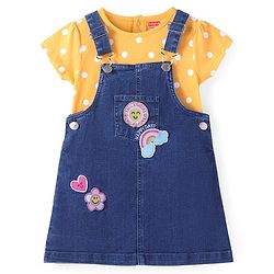 Babyhug Denim Knit Embroidered Frock With Half Sleeves Polka Dots Printed Inner Tee - Navy & Yellow