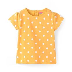 Babyhug Denim Knit Embroidered Frock With Half Sleeves Polka Dots Printed Inner Tee - Navy & Yellow