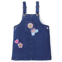 Babyhug Denim Knit Embroidered Frock With Half Sleeves Polka Dots Printed Inner Tee - Navy & Yellow