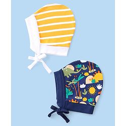 Babyhug 100% Cotton Knit Striped & Dino Printed Caps with Knot Pack of 2 - Navy Blue & Yellow
