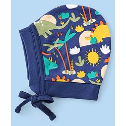 Babyhug 100% Cotton Knit Striped & Dino Printed Caps with Knot Pack of 2 - Navy Blue & Yellow