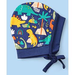 Babyhug 100% Cotton Knit Striped & Dino Printed Caps with Knot Pack of 2 - Navy Blue & Yellow