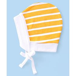 Babyhug 100% Cotton Knit Striped & Dino Printed Caps with Knot Pack of 2 - Navy Blue & Yellow