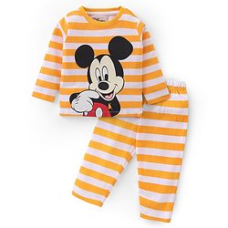 Babyhug Disney Cotton Single Jersey Knit Full Sleeves Night Suit Mickey Mouse Print- Yellow