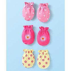 Babyhug Interlock Knit Mittens With Polka Dot & Floral Print Pack of 3 - Pink Yellow & Dark Pink