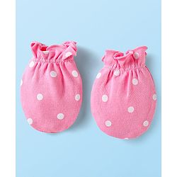 Babyhug Interlock Knit Mittens With Polka Dot & Floral Print Pack of 3 - Pink Yellow & Dark Pink