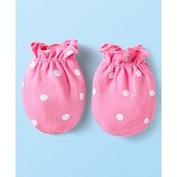 Babyhug Interlock Knit Mittens With Polka Dot & Floral Print Pack of 3 - Pink Yellow & Dark Pink