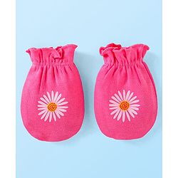 Babyhug Interlock Knit Mittens With Polka Dot & Floral Print Pack of 3 - Pink Yellow & Dark Pink