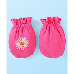 Babyhug Interlock Knit Mittens With Polka Dot & Floral Print Pack of 3 - Pink Yellow & Dark Pink