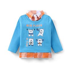 Babyhug Cotton Knit Full Sleeves Overlapped T-Shirt with Bear Print - Blue & Orange