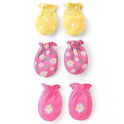 Babyhug Interlock Knit Mittens With Floral & Polka Dot Print Pack of 3 - Yellow & Pink