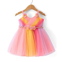 Babyhug Woven Singlet Sleeves Mesh Panelled Party Frock with Pleats & Floral Detailing - Multicolour